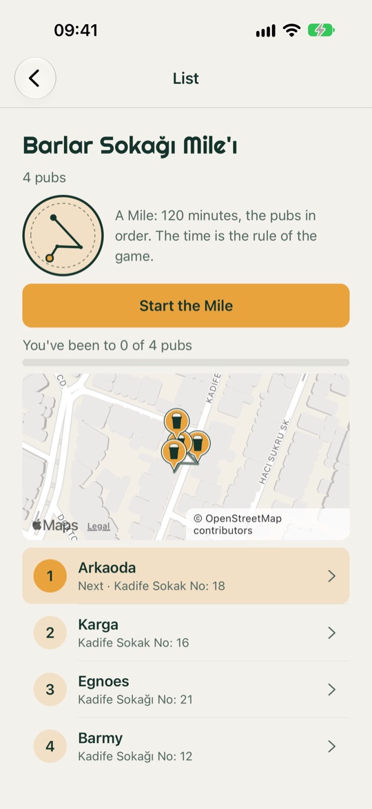 The Barlar Sokağı Mile in the app: four pubs, in order, on a map and in a list